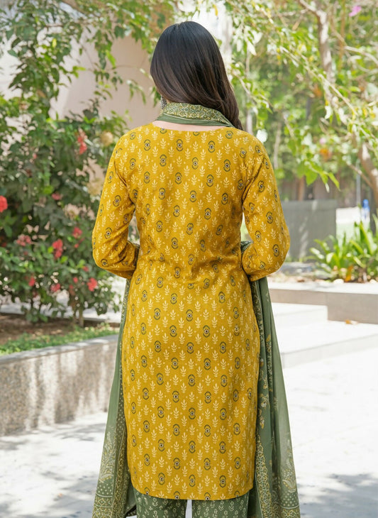BulBul Aaliya Mustard Cotton Kurta Set with Dupatta