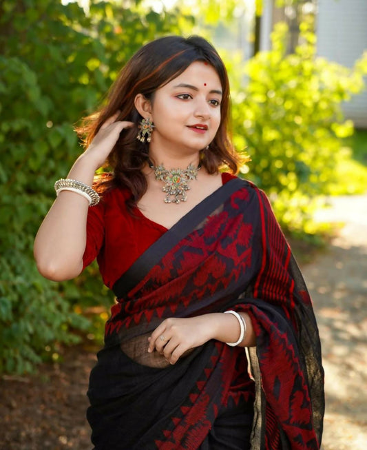Exclusive Collection Black Red Beautiful Linen Jamdani Grab2Buy