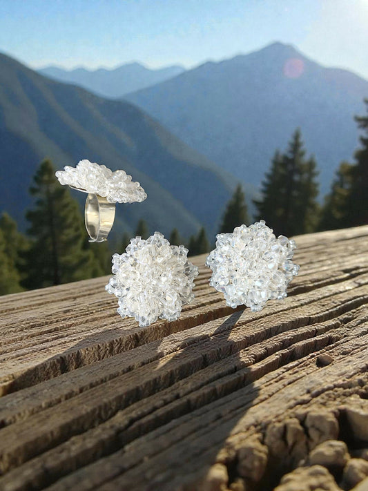 Inhanns Rangmani Crystal Duo – Adjustable Ring + Statement Earrings Set - White