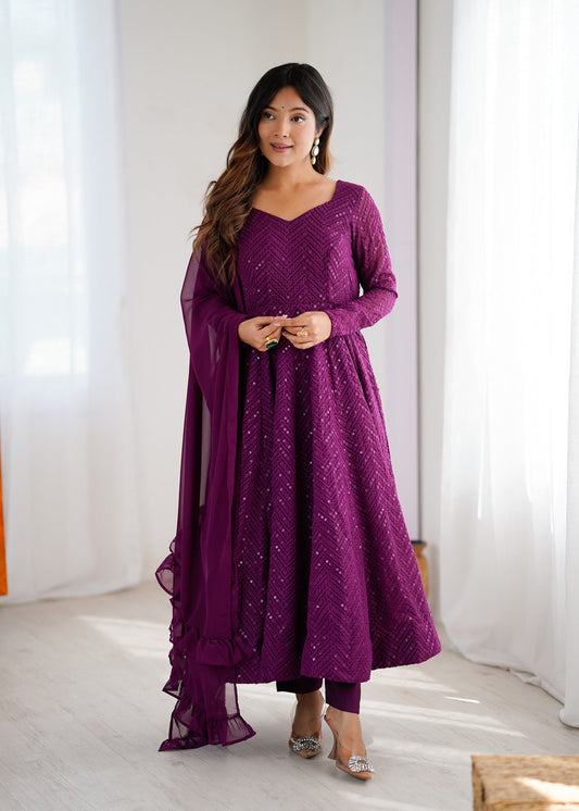 Lehenga Mart Wine Faux Georgette Classic Lukhnowi Georgette Fabric Anarkali Suit Set
