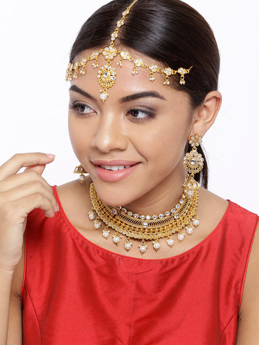 Priyaasi Women Kundan Pearls Gold Plated MaangTika Jewellery Set - Grab2buy