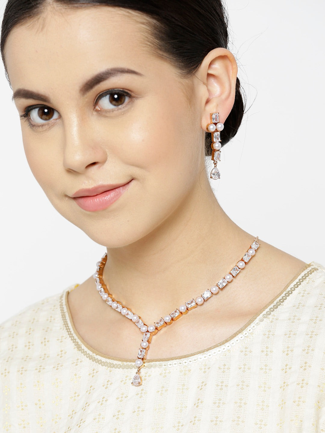 Priyaasi Women American Diamond Pearls Rose Gold Plated Jewellery Set - Grab2buy