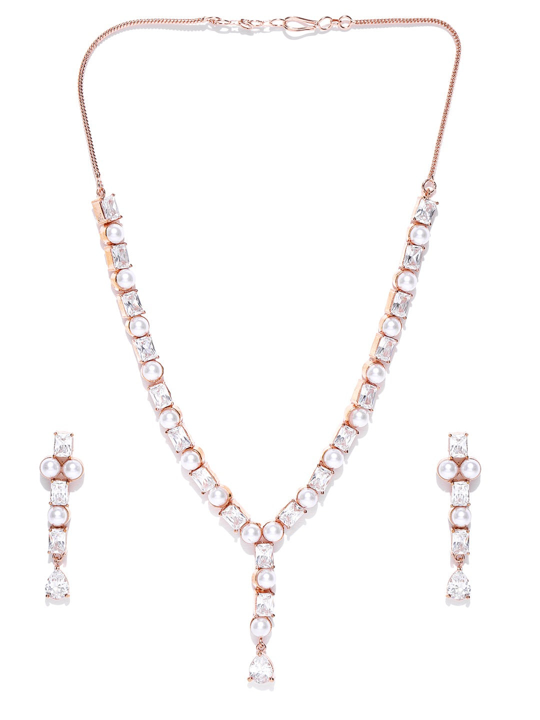 Priyaasi Women American Diamond Pearls Rose Gold Plated Jewellery Set - Grab2buy