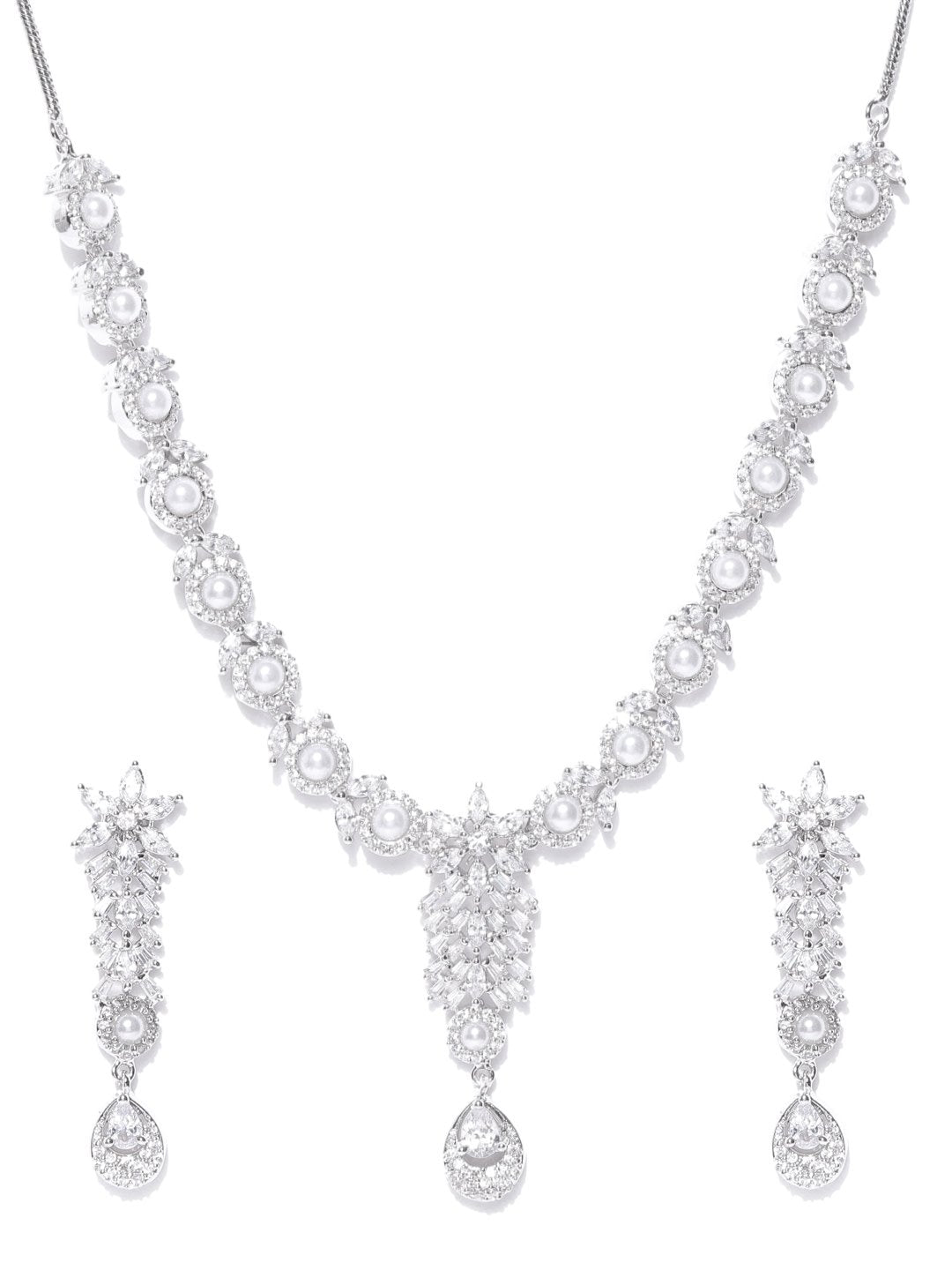 Priyaasi Women American Diamond Pearls Silver Plated Jewellery Set - Grab2buy