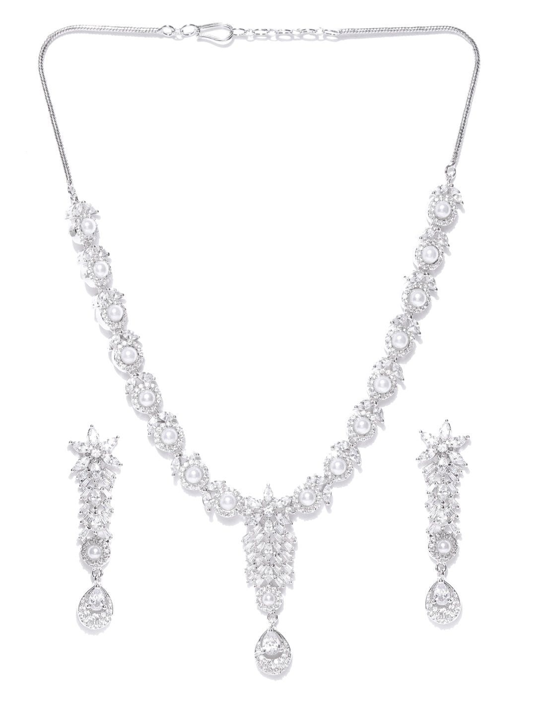 Priyaasi Women American Diamond Pearls Silver Plated Jewellery Set - Grab2buy