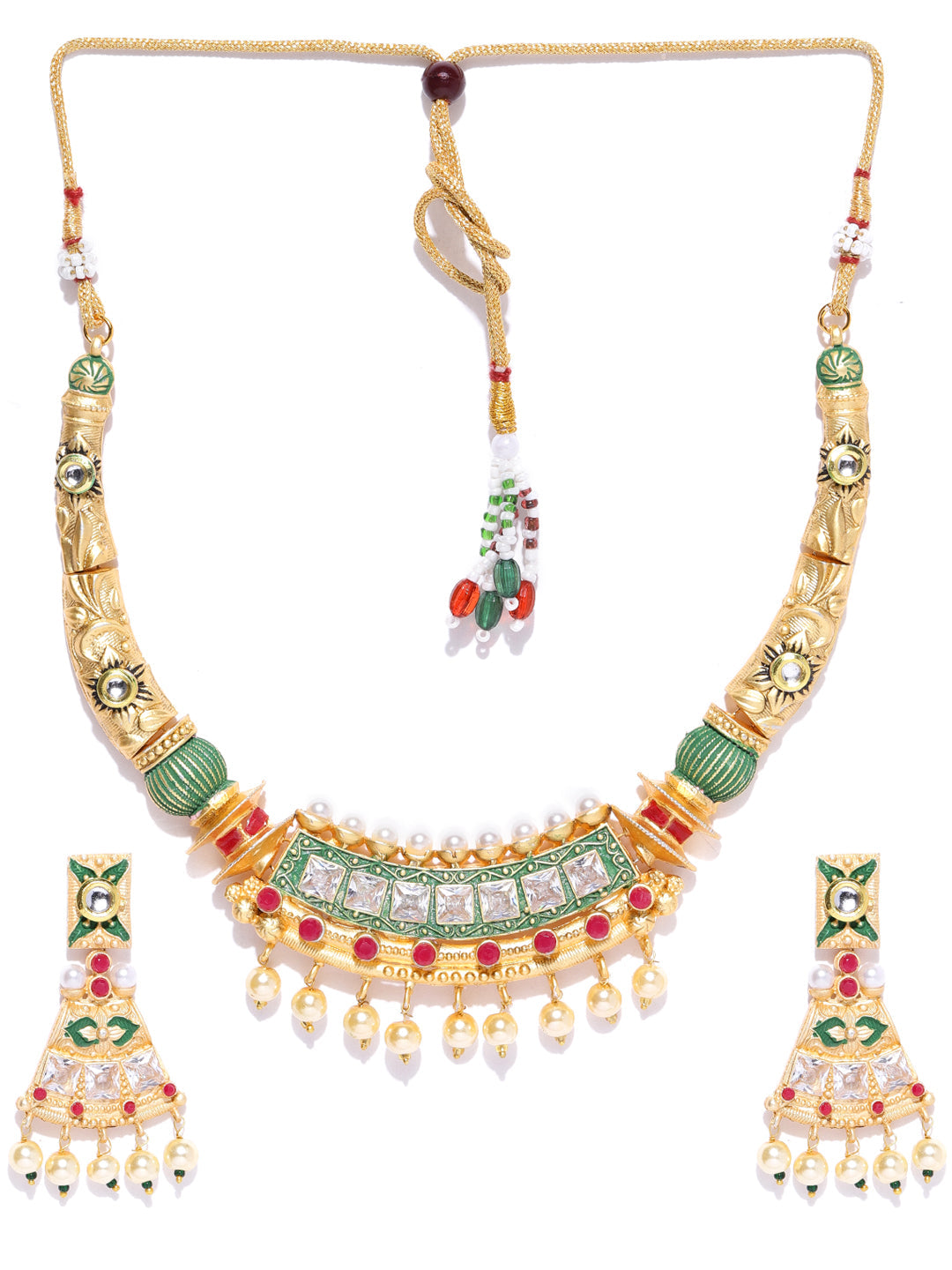 Priyaasi Women Ruby Pearls Stones Gold Plated Meenakari Jewellery Set - Grab2buy