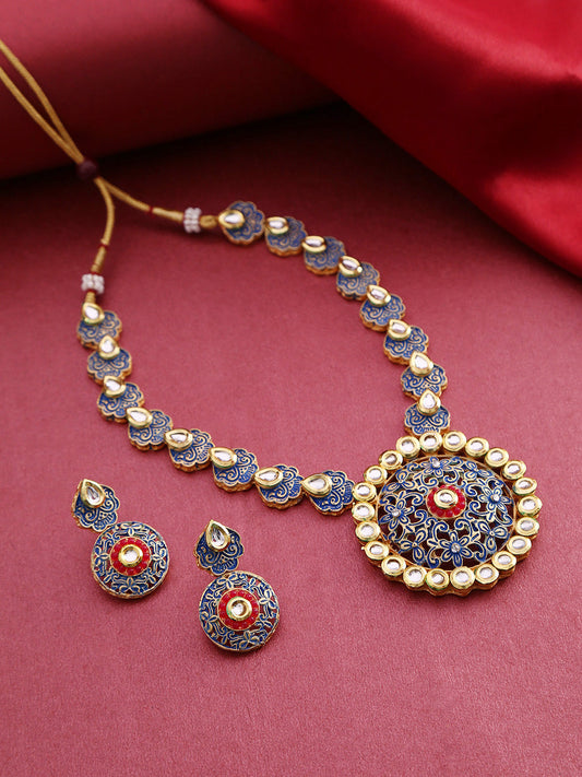 Priyaasi Women Blue Red Kundan Gold Plated Meenakari Jewellery Set - Grab2buy