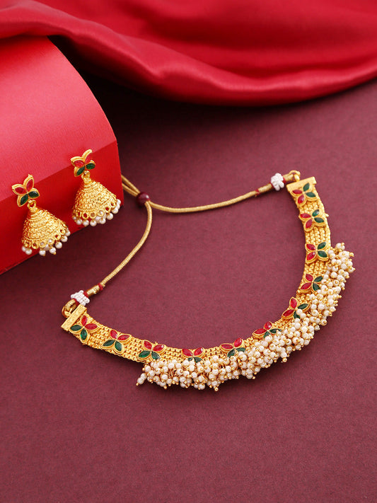 Priyaasi Women White Beads Ruby Emerlad Gold Plated Jewellery Set - Grab2buy