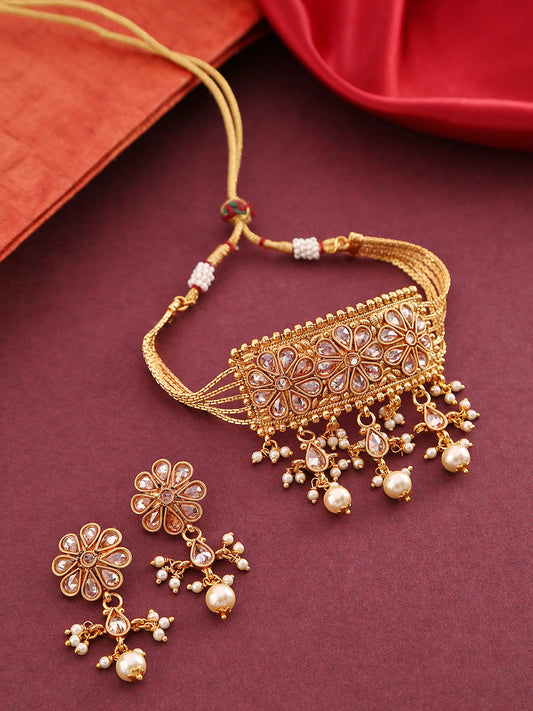 Priyaasi Women Kundan Pearls Beads Gold Plated Jewellery Set - Grab2buy