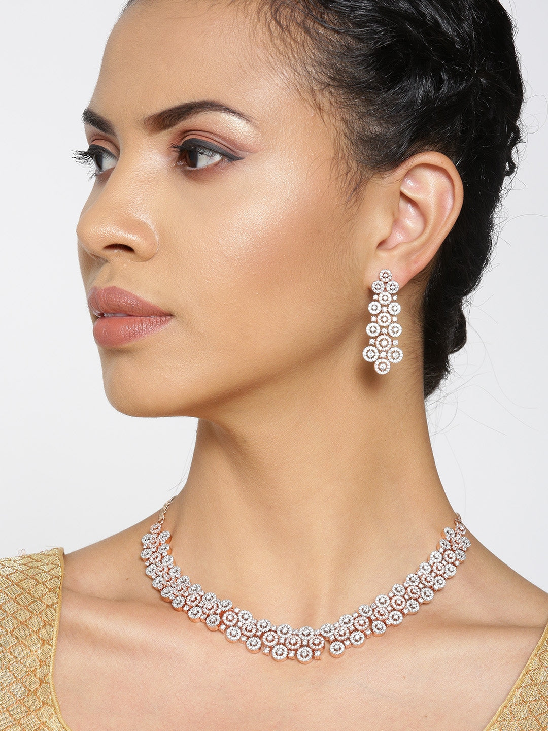Priyaasi Women American Diamond Rose Gold Plated Geometric Jewellery Set - Grab2buy
