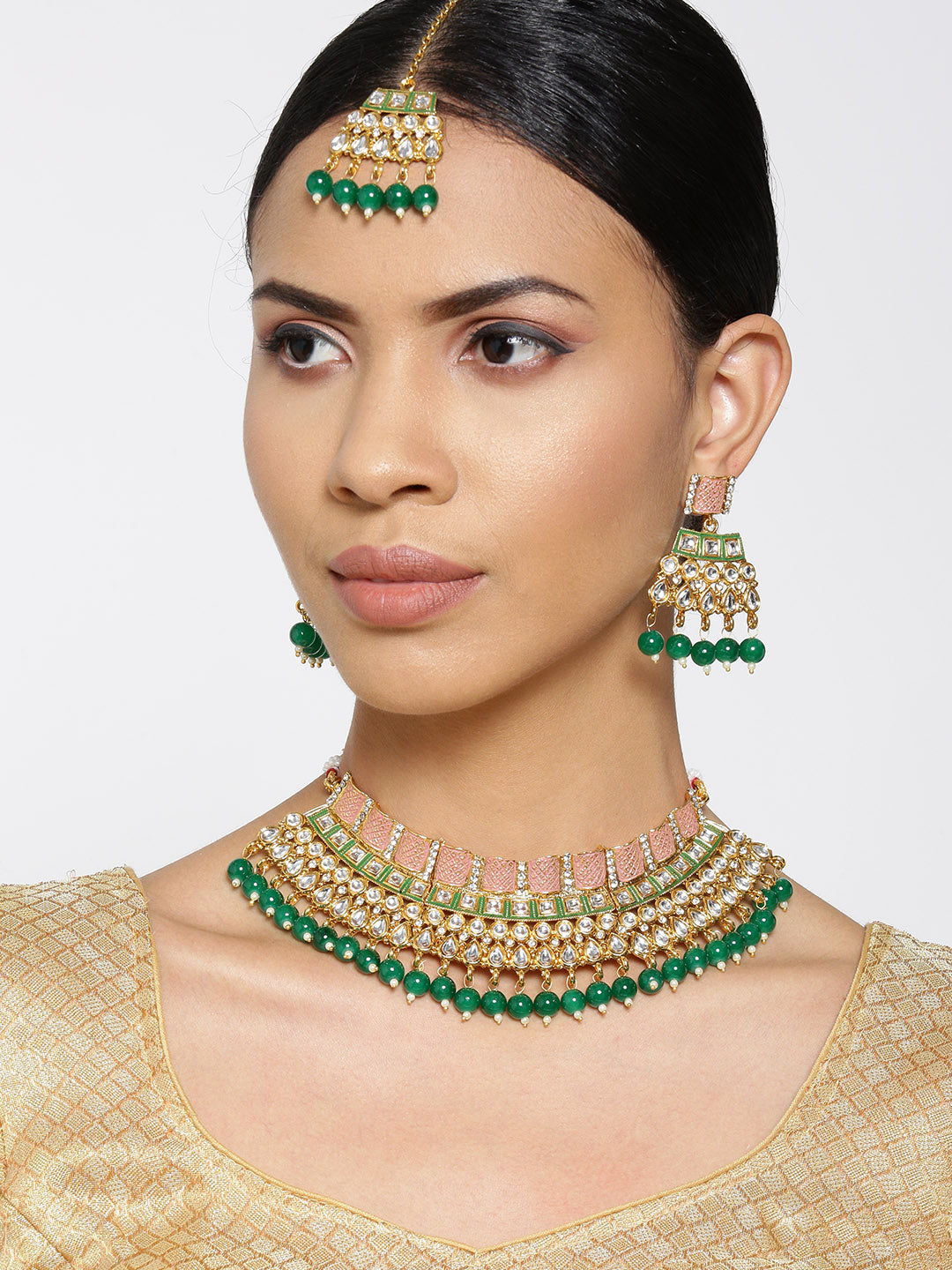 Priyaasi Women Emerald Kundan Gold Plated MaangTika Jewellery Set - Grab2buy