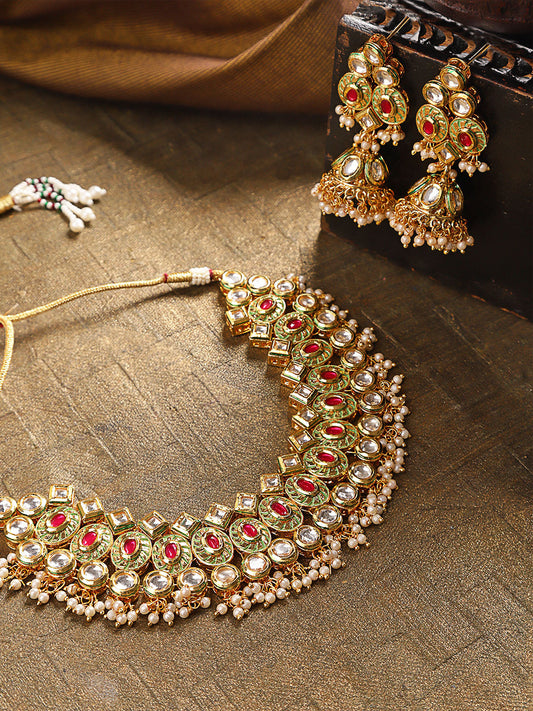 Priyaasi Women Gold-Plated Kundan And Ruby Studded Jewellery Set - Grab2buy