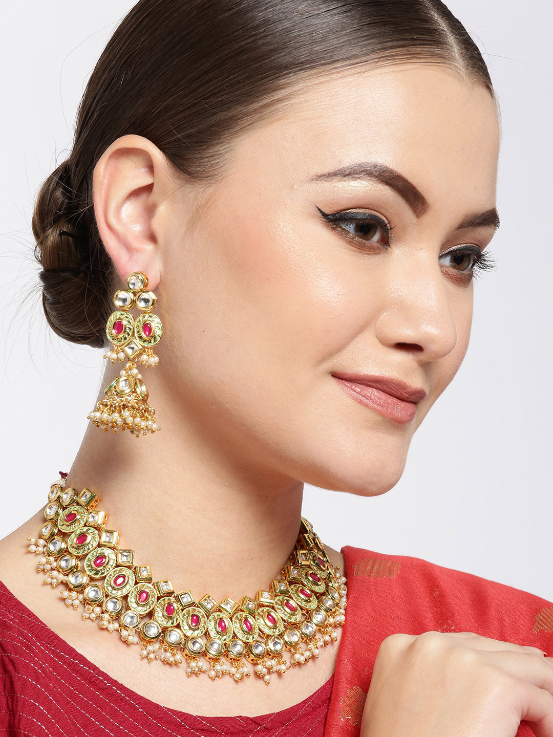 Priyaasi Women Gold-Plated Kundan And Ruby Studded Jewellery Set - Grab2buy