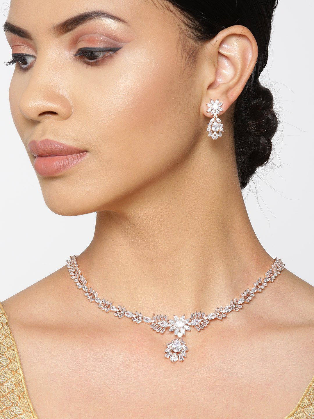 Priyaasi Women American Diamond Rose Gold Plated Jewellery Set - Grab2buy