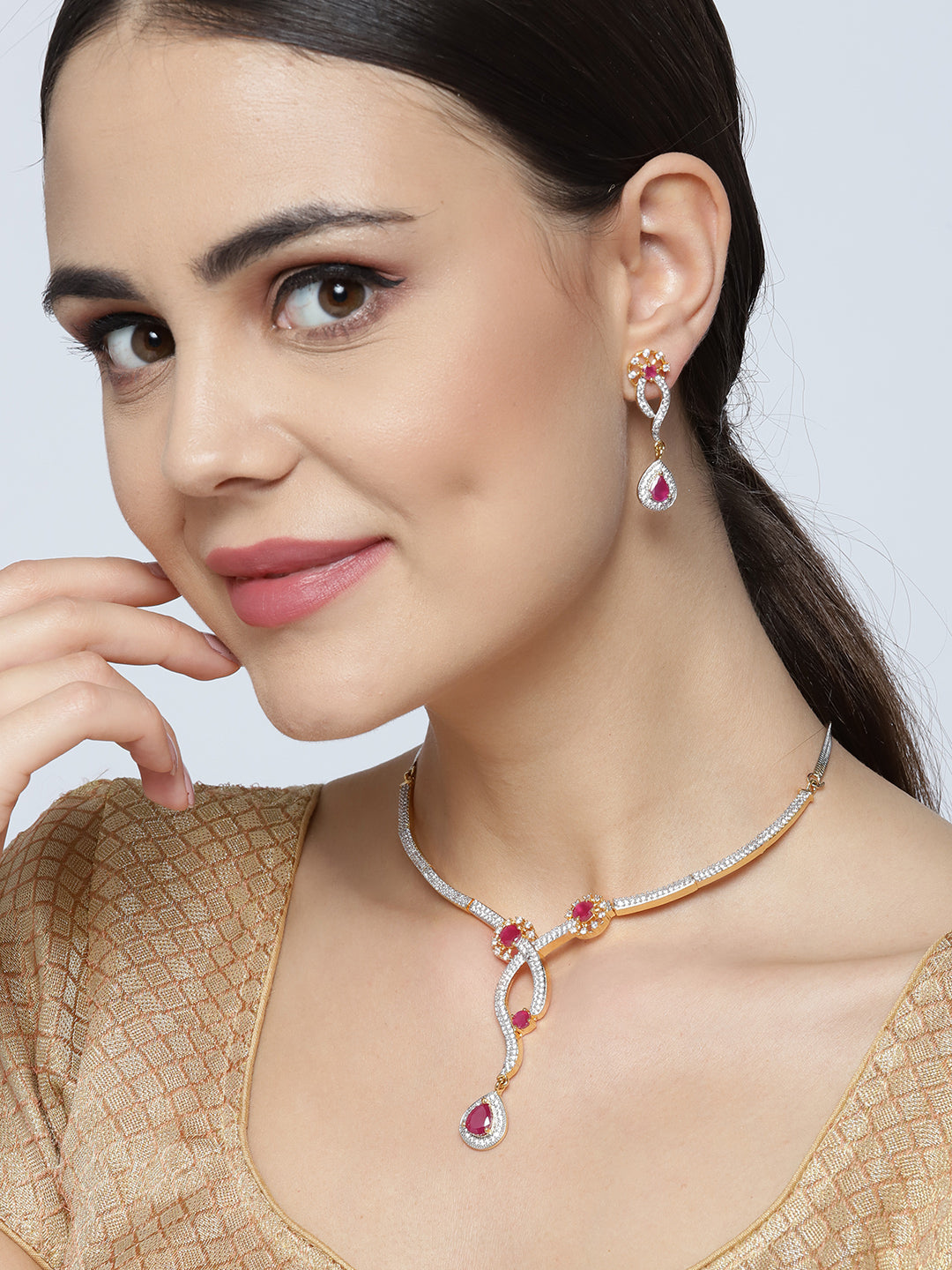 Priyaasi Women Pink Ruby American Diamond Gold Plated Jewellery Set - Grab2buy