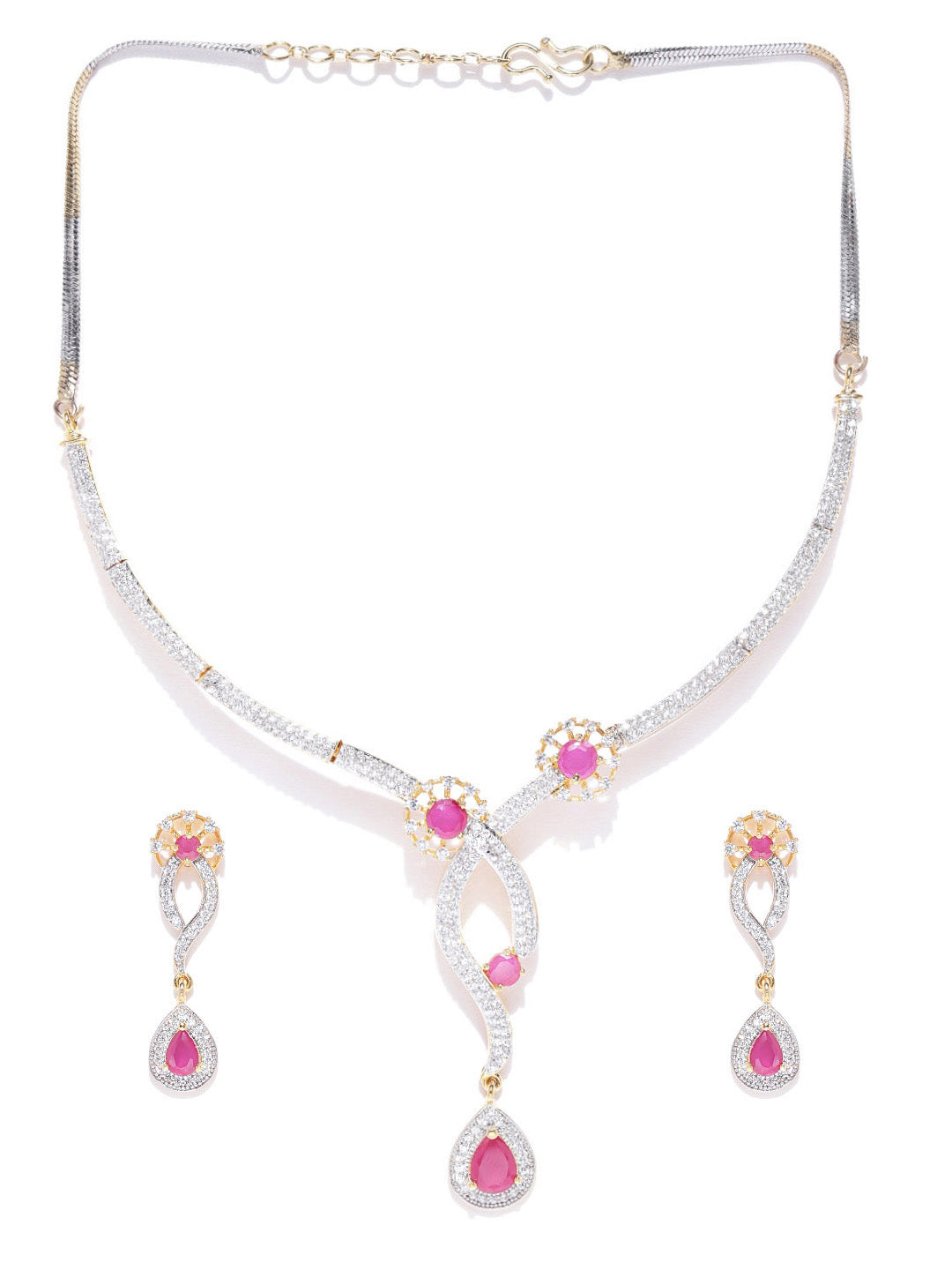 Priyaasi Women Pink Ruby American Diamond Gold Plated Jewellery Set - Grab2buy