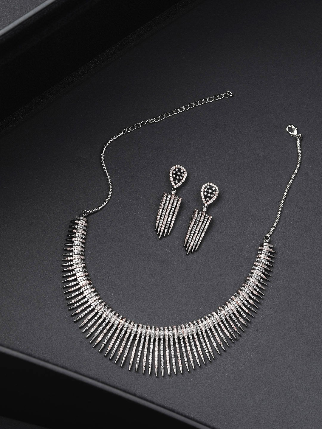 Priyaasi Women Black American Diamond Rhodium Plated Linear Jewellery Set - Grab2buy