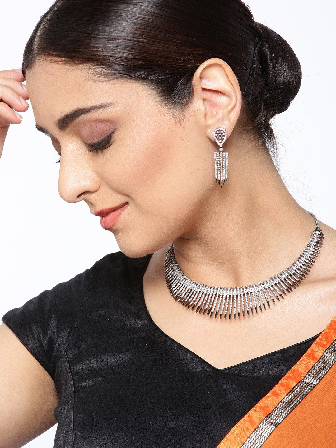 Priyaasi Women Black American Diamond Rhodium Plated Linear Jewellery Set - Grab2buy