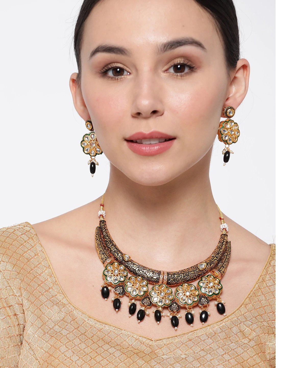 Priyaasi Women Black Beaded Kundan Gold Plated Floral Jewellery Set - Grab2buy