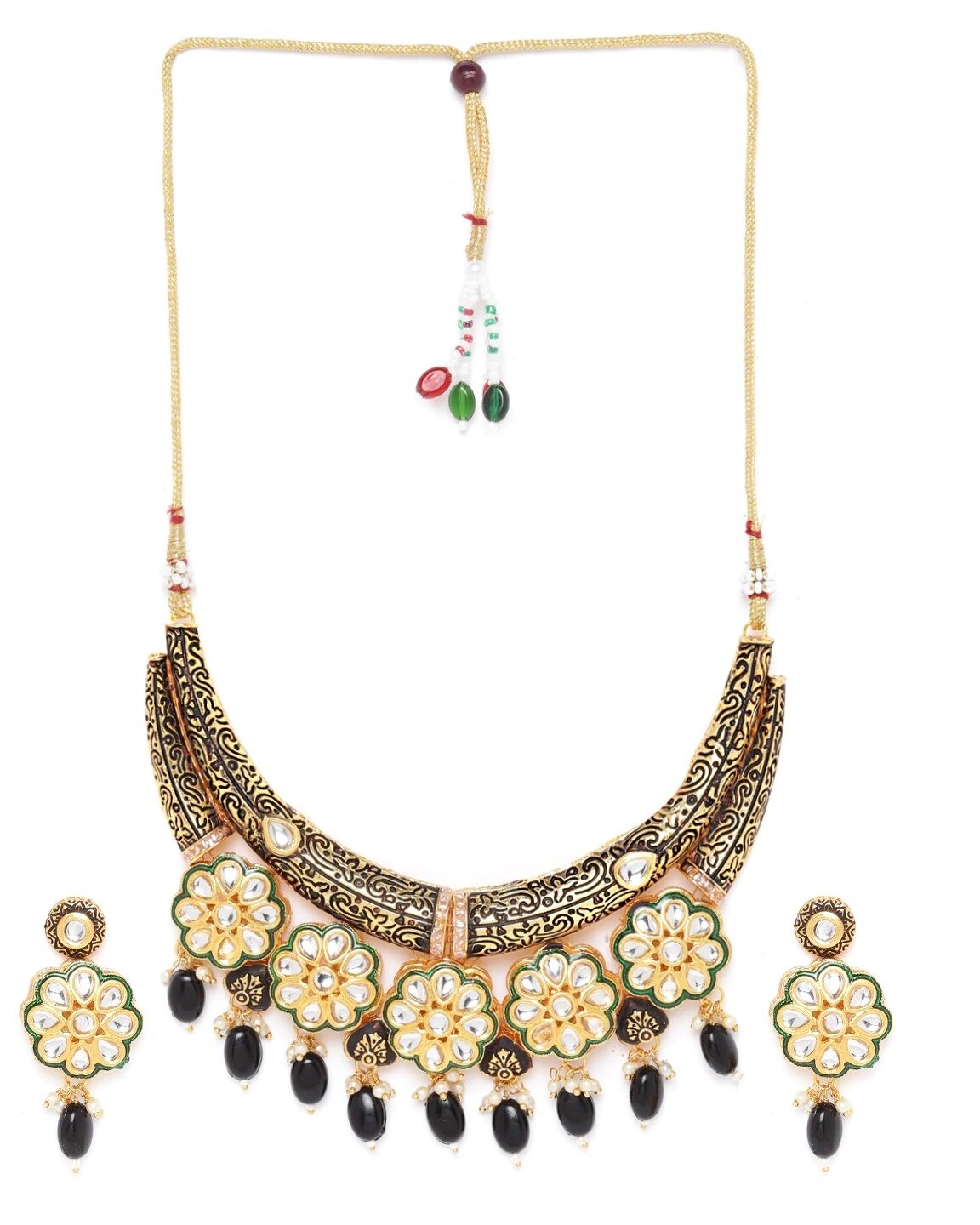 Priyaasi Women Black Beaded Kundan Gold Plated Floral Jewellery Set - Grab2buy