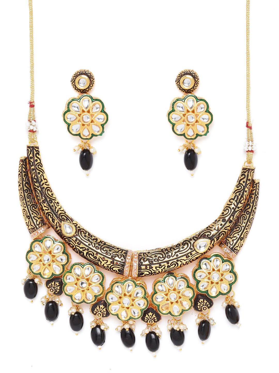 Priyaasi Women Black Beaded Kundan Gold Plated Floral Jewellery Set - Grab2buy