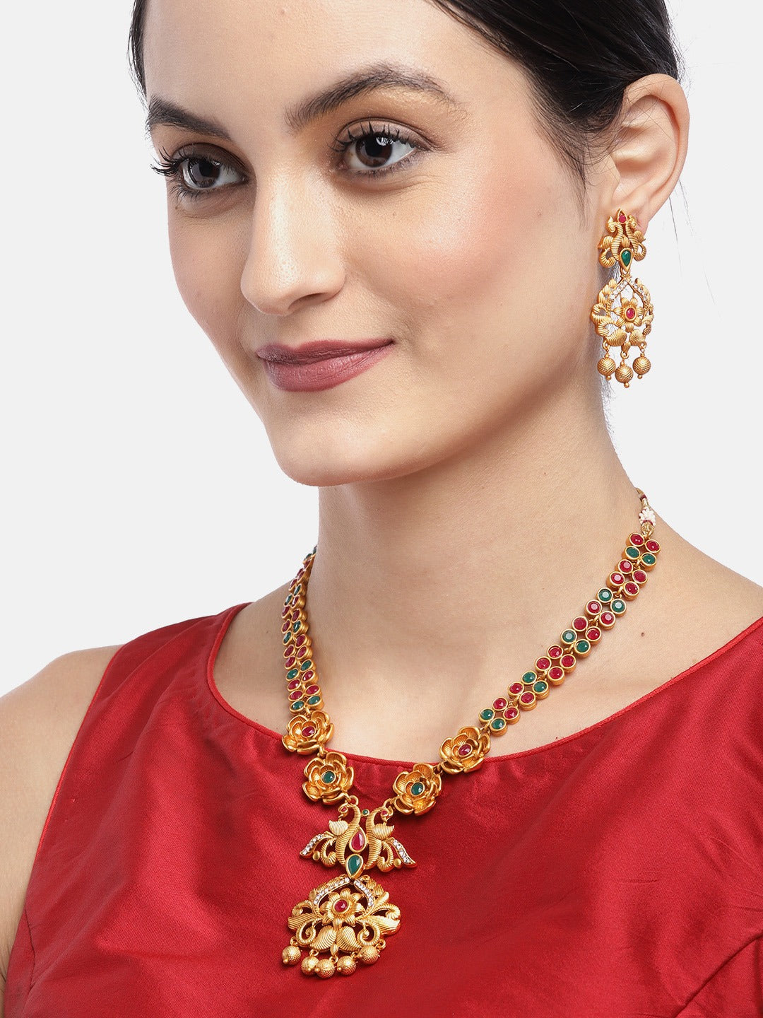 Priyaasi Women Ruby Emerald Beads Gold Plated Floral Peacock Jewellery Set - Grab2buy