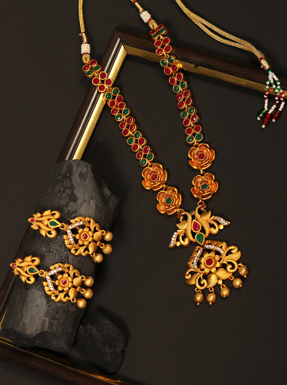 Priyaasi Women Ruby Emerald Beads Gold Plated Floral Peacock Jewellery Set - Grab2buy