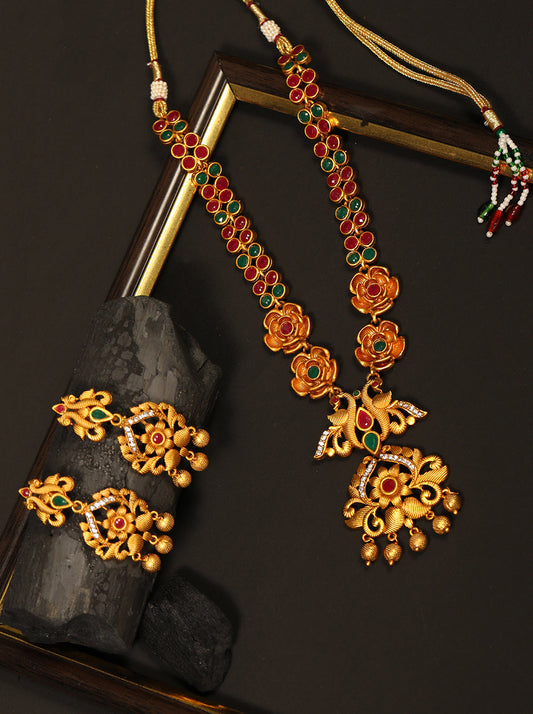 Priyaasi Women Ruby Emerald Beads Gold Plated Floral Peacock Jewellery Set - Grab2buy