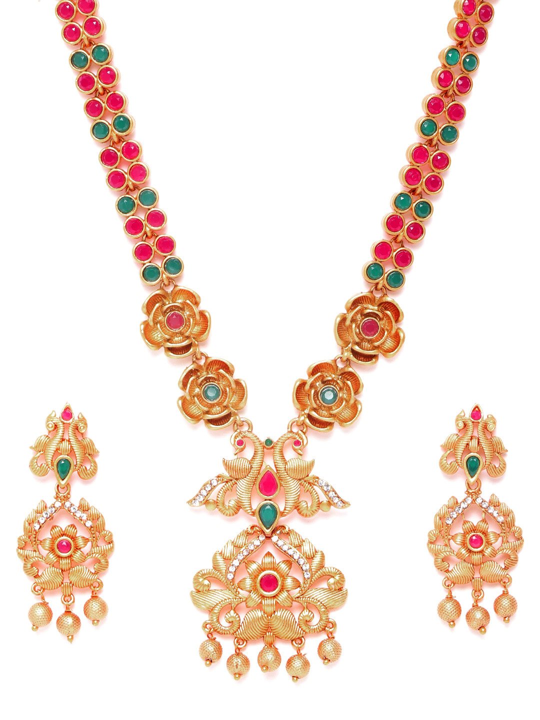 Priyaasi Women Ruby Emerald Beads Gold Plated Floral Peacock Jewellery Set - Grab2buy