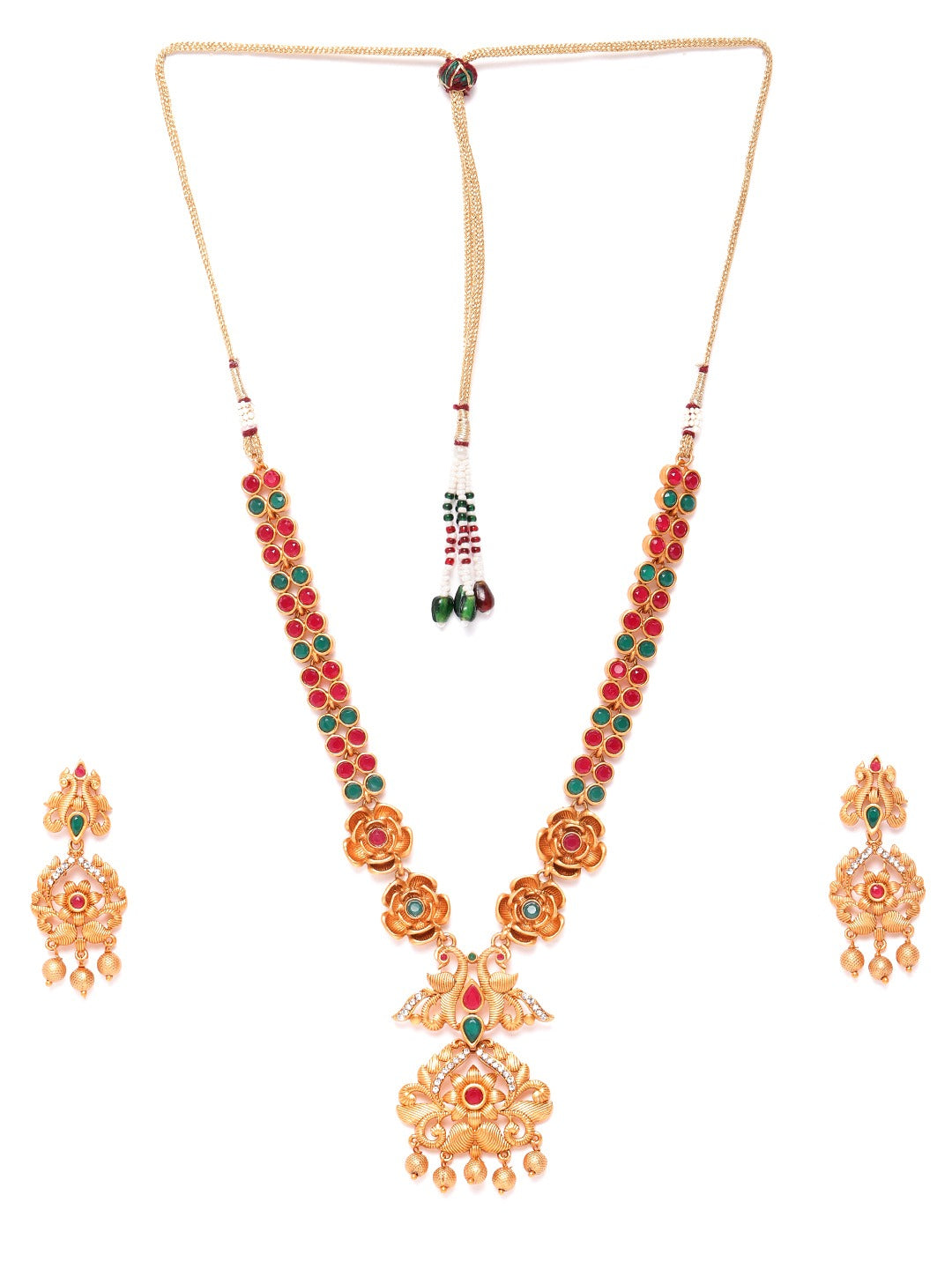 Priyaasi Women Ruby Emerald Beads Gold Plated Floral Peacock Jewellery Set - Grab2buy