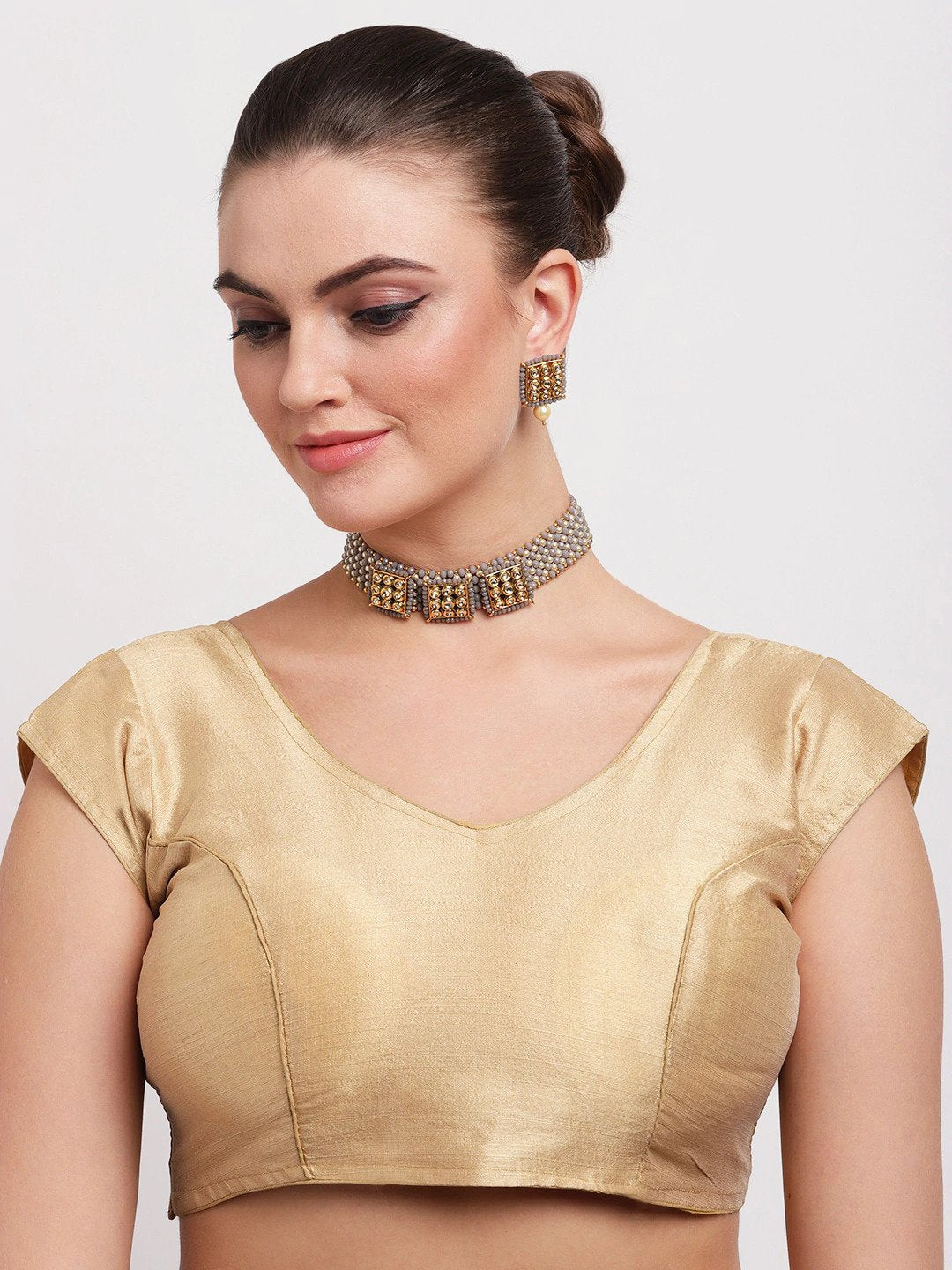 Priyaasi Women Grey Beads Kundan Pearls Gold Plated Jewellery Set - Grab2buy
