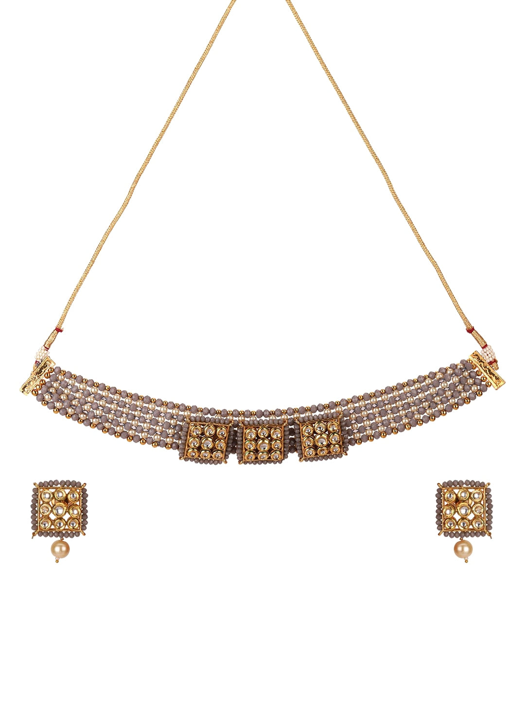 Priyaasi Women Grey Beads Kundan Pearls Gold Plated Jewellery Set - Grab2buy