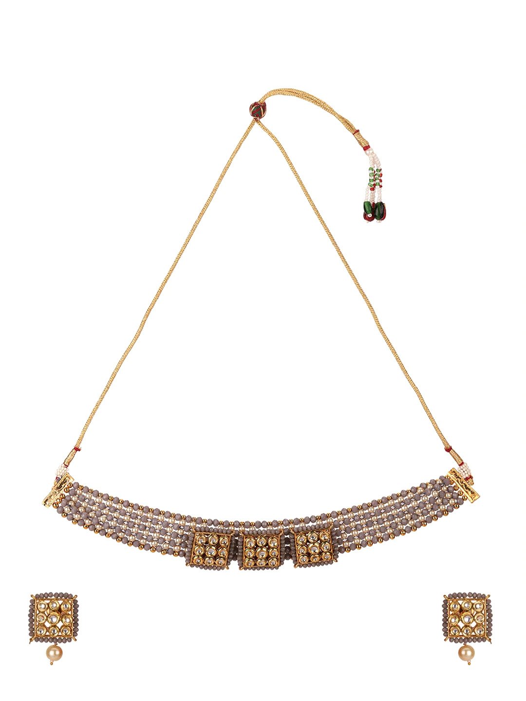 Priyaasi Women Grey Beads Kundan Pearls Gold Plated Jewellery Set - Grab2buy
