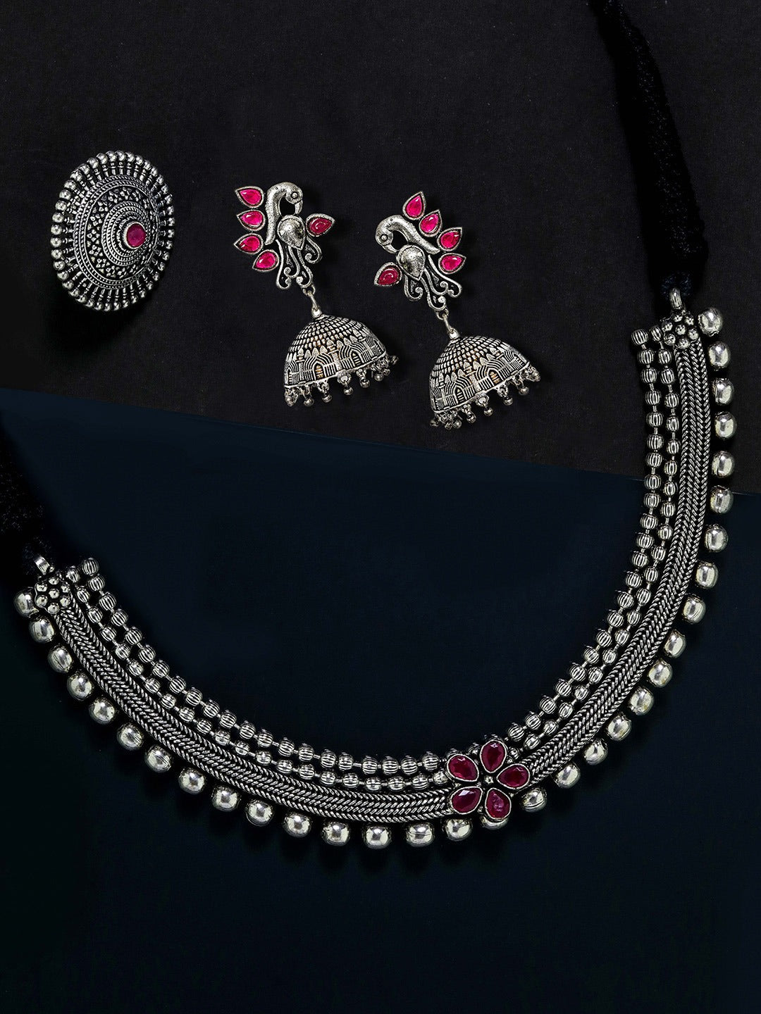 Priyaasi Women Ruby German Silver Oxidised Peacock Jewellery Set & Ring - Grab2buy