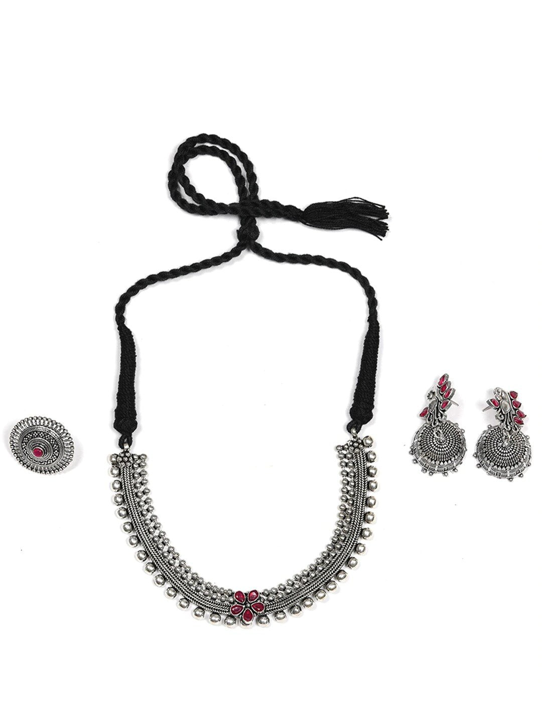 Priyaasi Women Ruby German Silver Oxidised Peacock Jewellery Set & Ring - Grab2buy