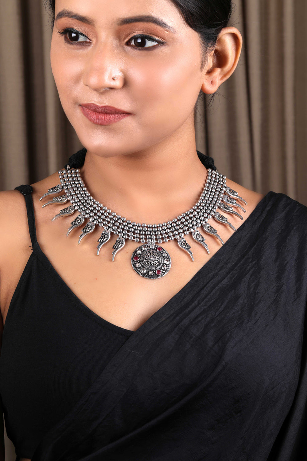 Priyaasi Women Ruby German Silver Oxidised Jewellery Set - Grab2buy