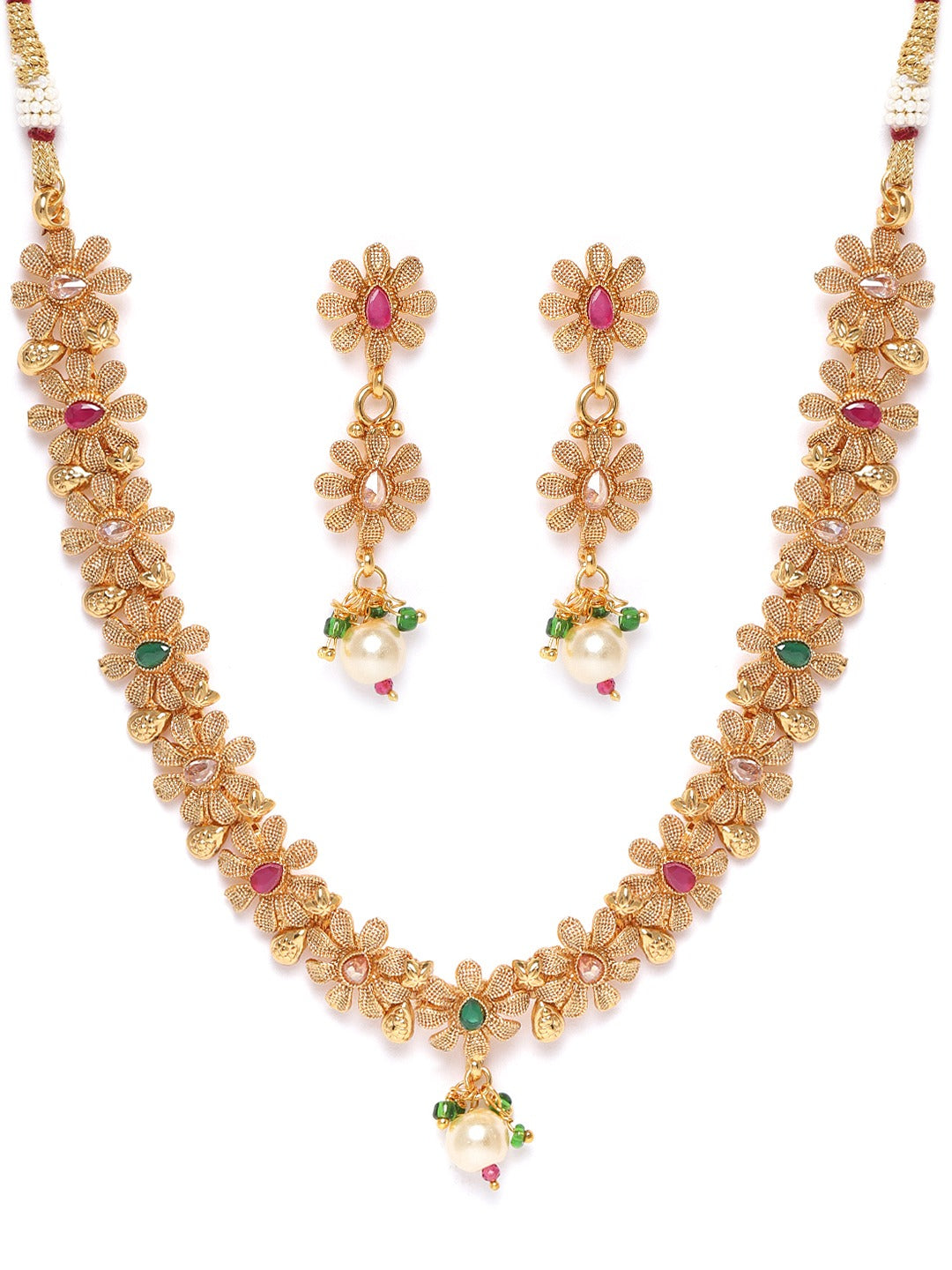 Priyaasi Women Ruby Emerald Stones Pearls Gold Plated Floral Jewellery Set - Grab2buy