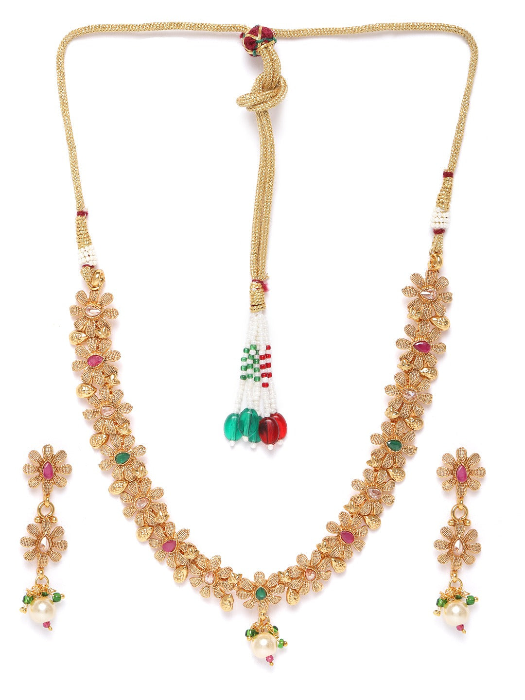 Priyaasi Women Ruby Emerald Stones Pearls Gold Plated Floral Jewellery Set - Grab2buy