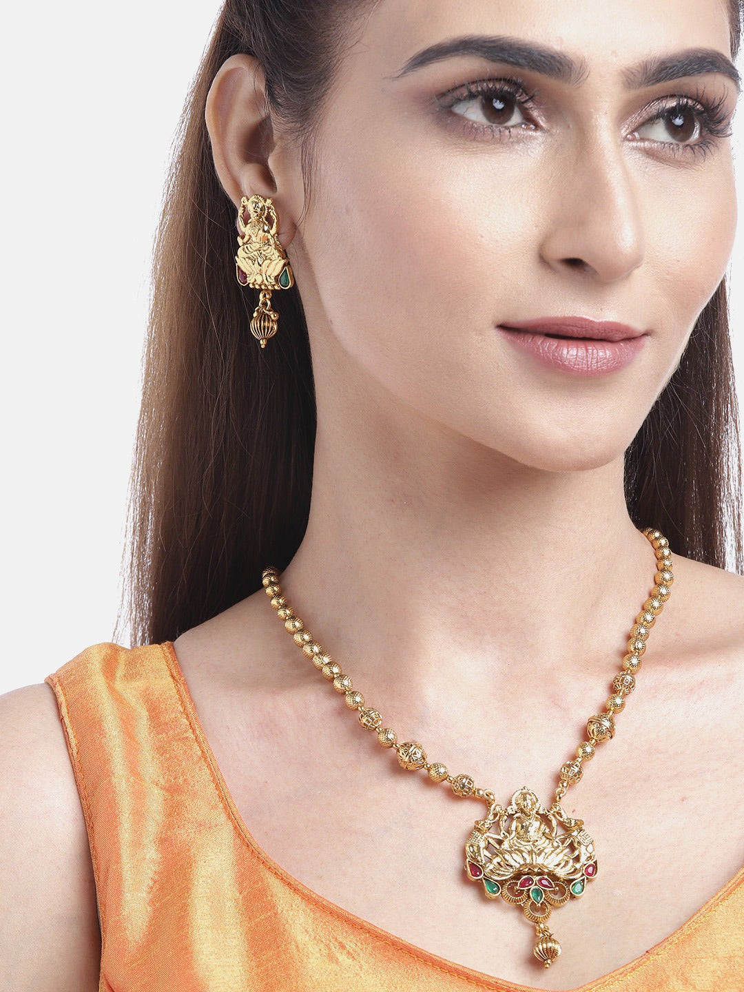 Priyaasi Women Ruby Emerald Beads Gold Plated Temple Jewellery Set - Grab2buy
