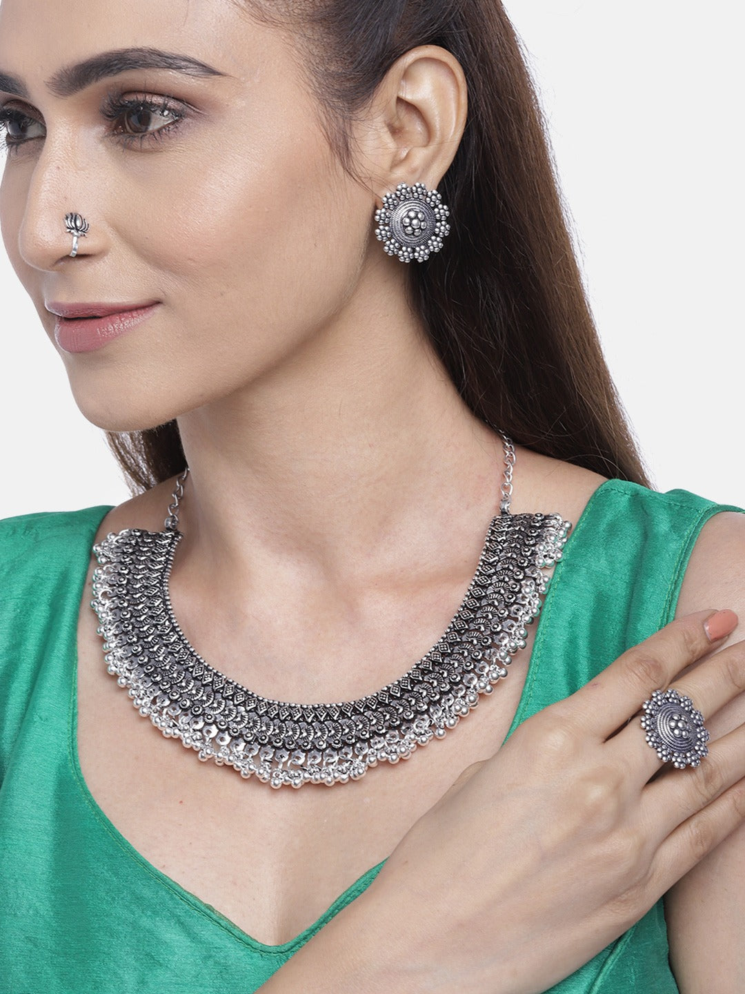 Priyaasi Women German Silver Oxidised Ghungroo Jewellery Set With Ring & Nosepin - Grab2buy