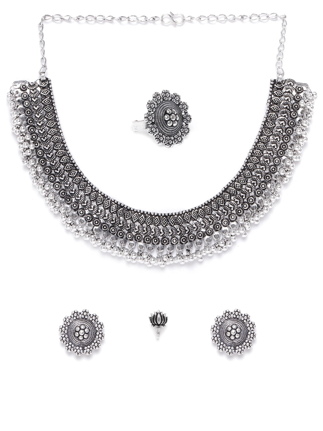 Priyaasi Women German Silver Oxidised Ghungroo Jewellery Set With Ring & Nosepin - Grab2buy