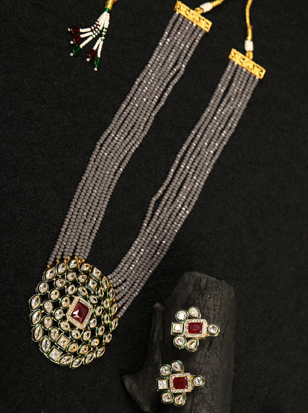 Priyaasi Women Grey Beads Kundan Gold Plated Ranihaar Jewellery Set - Grab2buy