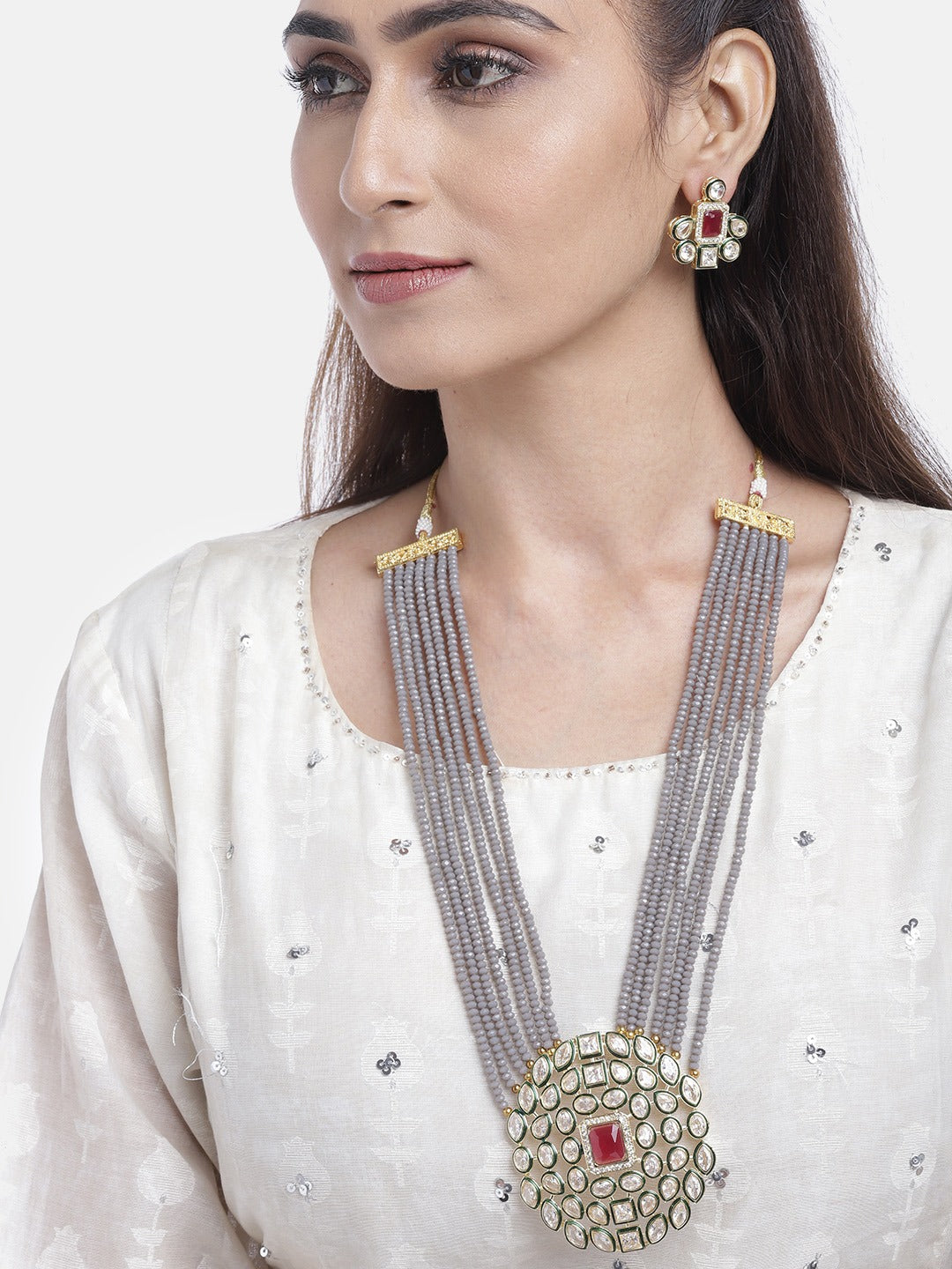 Priyaasi Women Grey Beads Kundan Gold Plated Ranihaar Jewellery Set - Grab2buy