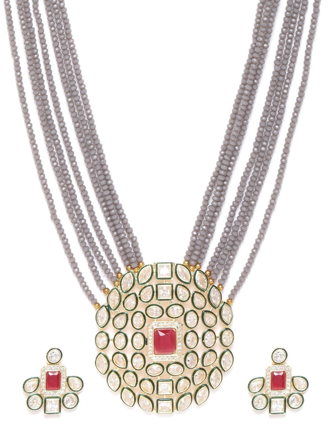 Priyaasi Women Grey Beads Kundan Gold Plated Ranihaar Jewellery Set - Grab2buy