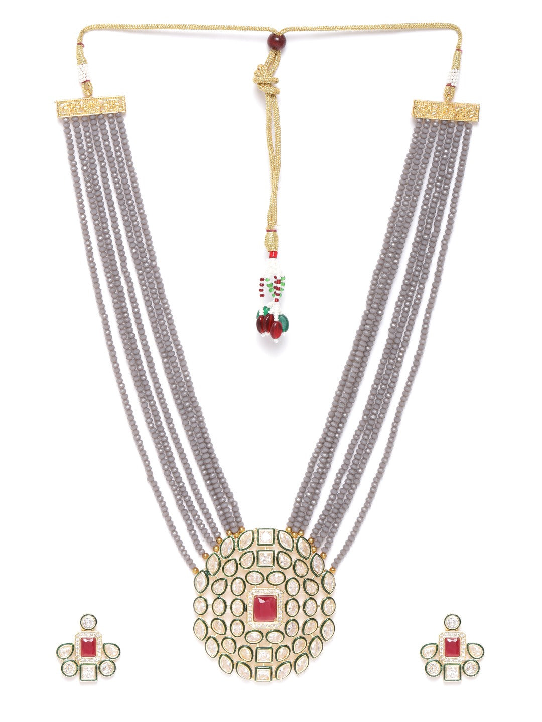 Priyaasi Women Grey Beads Kundan Gold Plated Ranihaar Jewellery Set - Grab2buy