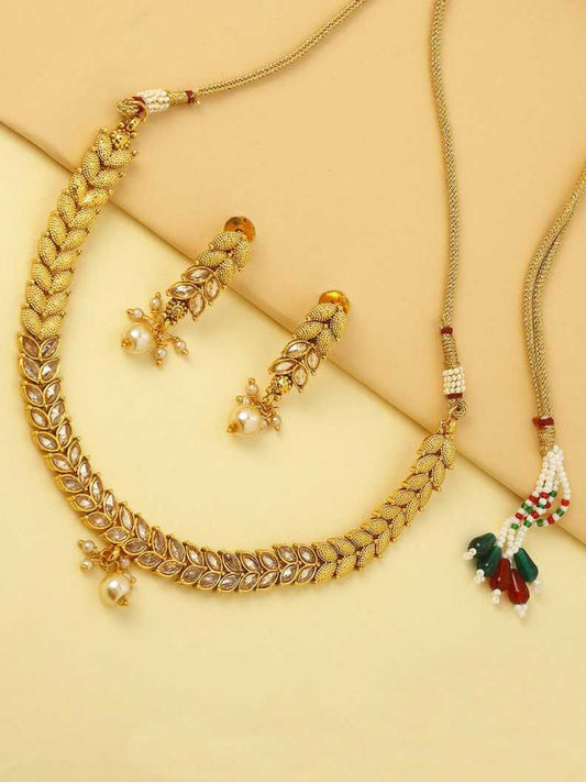 Priyaasi Women Pearls Stones Gold Plated Leaf Jewellery Set - Grab2buy