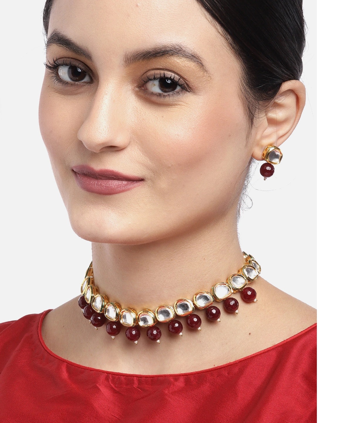 Priyaasi Women Maroon Pearls Kundan Gold Plated Jewellery Set - Grab2buy