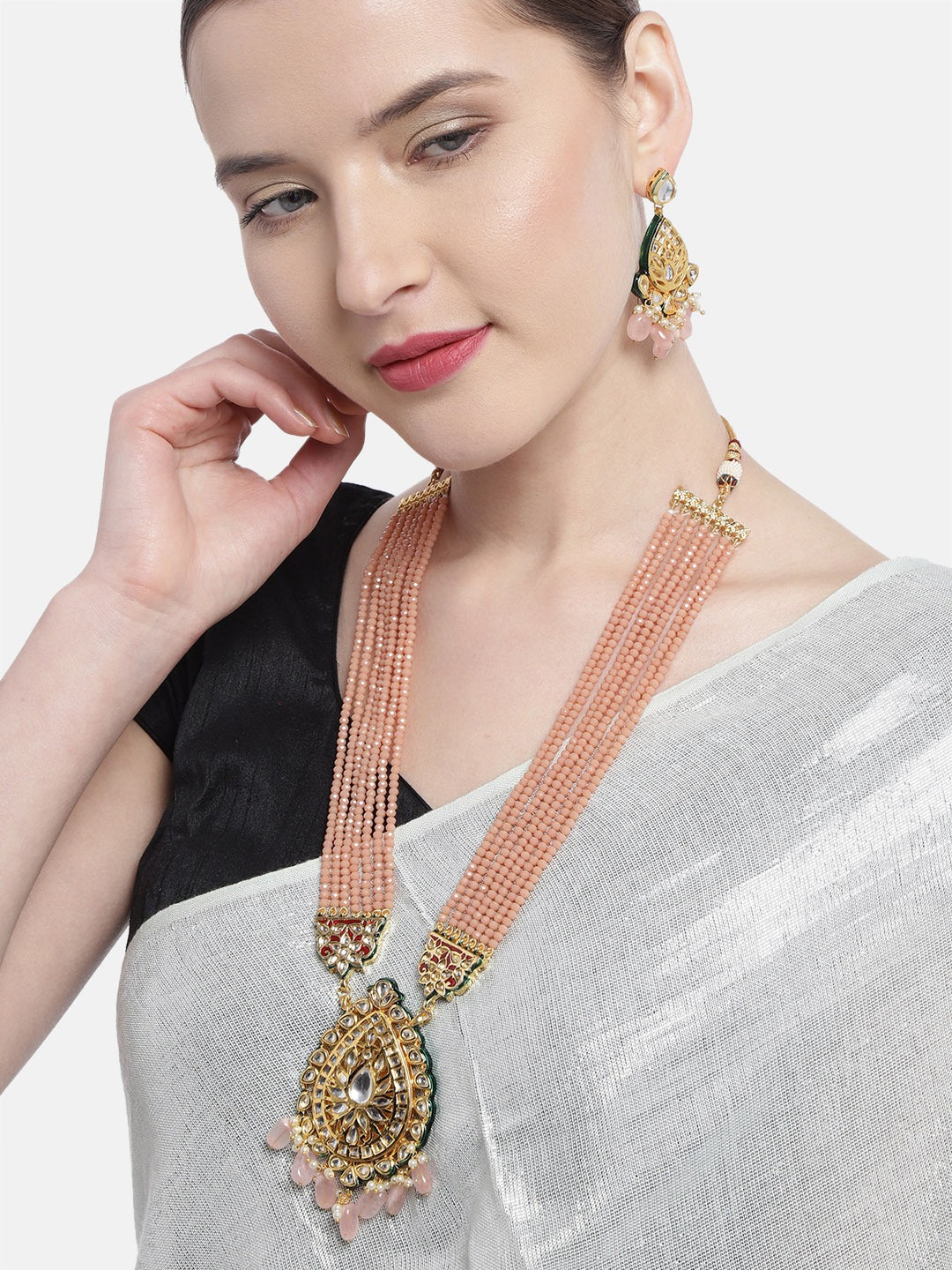 Priyaasi Women Peach Beads Kundan Stones Ranihar Jewellery Set - Grab2buy