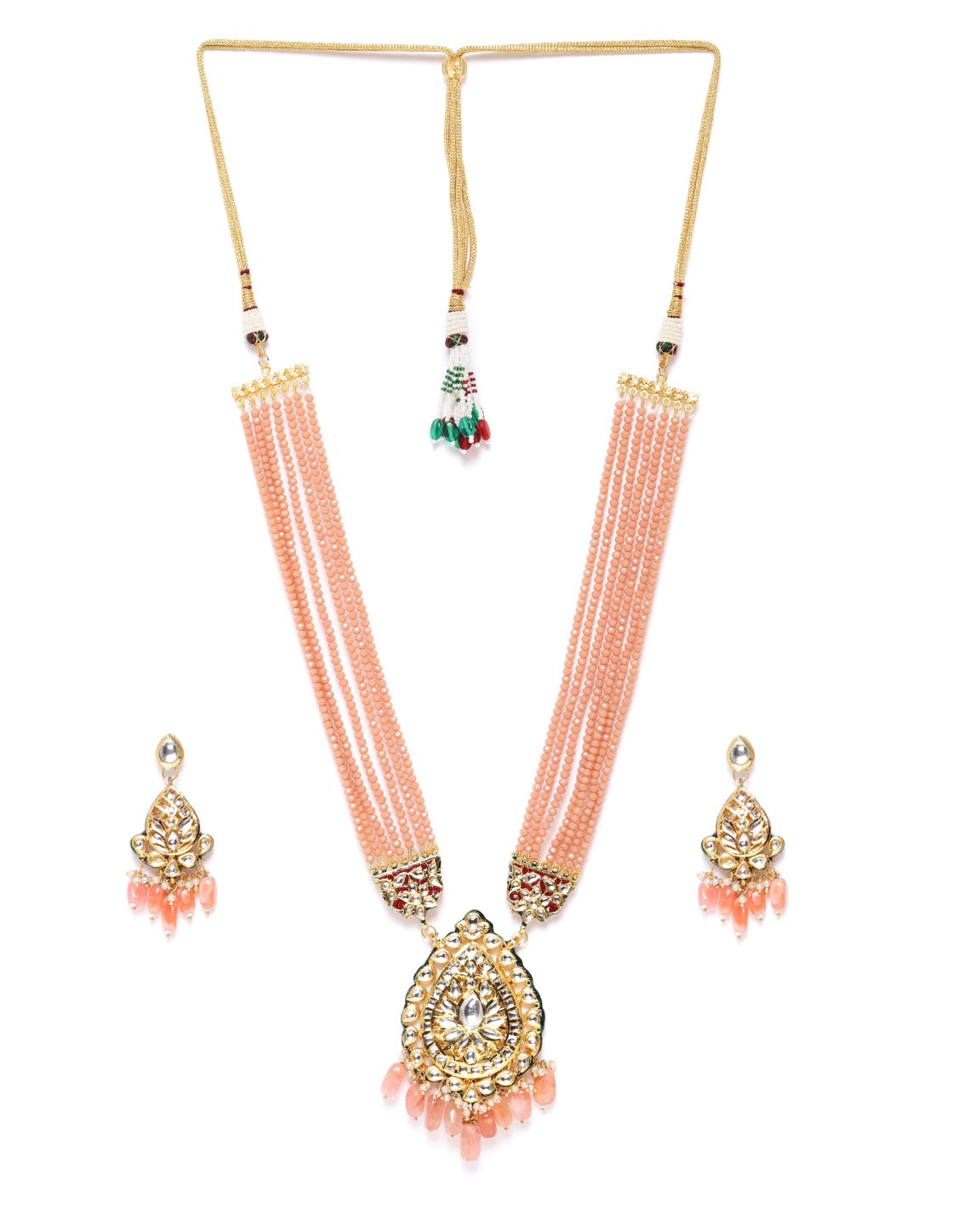 Priyaasi Women Peach Beads Kundan Stones Ranihar Jewellery Set - Grab2buy