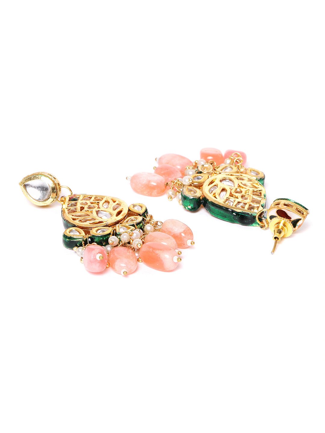Priyaasi Women Peach Beads Kundan Stones Ranihar Jewellery Set - Grab2buy